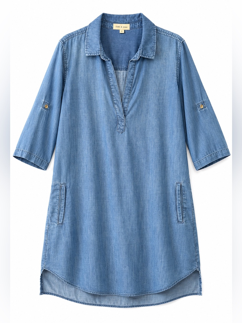 Cloth & Stone Chambray Tencel Tunic Shirt Dress Large Roll Tab Sleeve Pockets